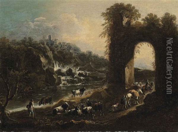 A River Landscape With Drovers And Their Cattle By An Arch, A Waterfall Beyond Oil Painting - Jacob (Rosa di Napoli) Roos