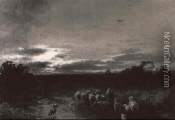 Shepherd Returning With His Flock At Sunset Oil Painting - Hermann Herzog