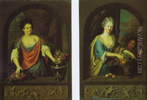 Une Dame Arrangeant Des Fleurs A Sa Fenetre, Le Balcon Orne D'une Frise Antique Oil Painting - Gerard Hoet the Elder