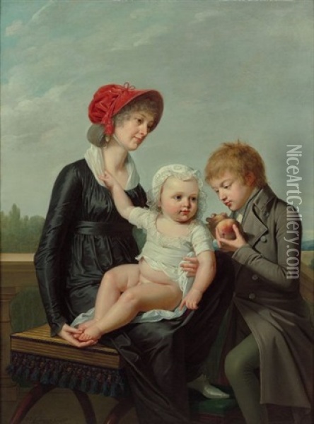 Portrait D'une Femme Avec Ses Deux Enfants Dans Un Paysage Oil Painting - Robert Jacques Francois Faust Lefevre