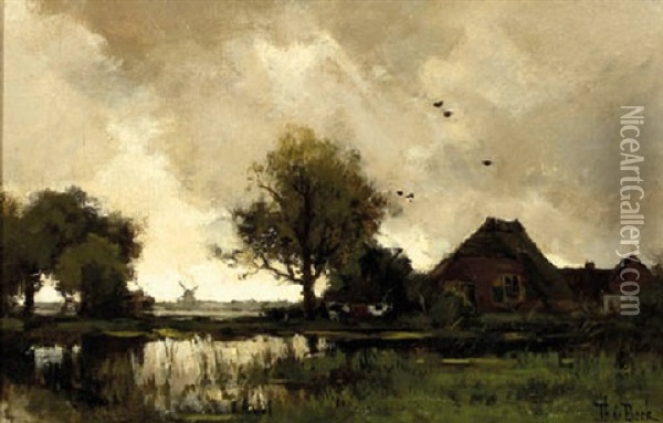 A Stormy Day: A Farm In A Polder Landscape Oil Painting - Theophile De Bock