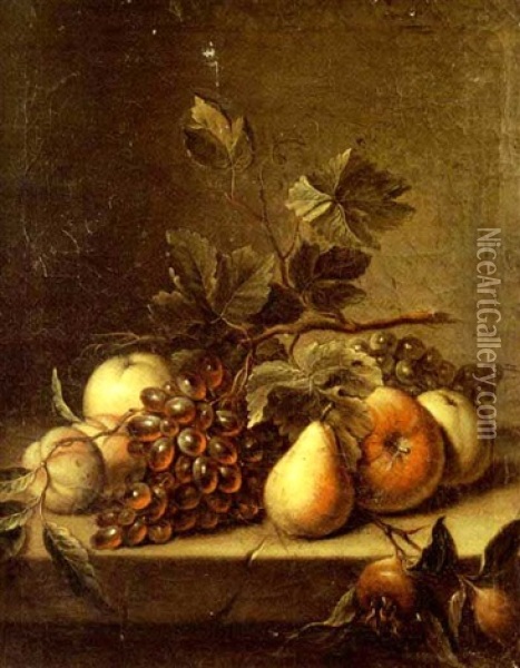 Nature Morte A La Grappe De Raisins, Poires Et Pommes Sur Un Entablement Oil Painting - Christiaen van Pol