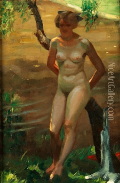 Frauenakt Am Teich Oil Painting - Hans Hassenteufel