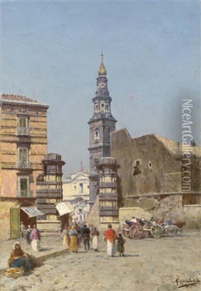 Strasenszene In Neapel Mit Blick Auf Die Kirche Santa Croce E Purgatorio Al Mercato Oil Painting - Francesco Coppola Castaldo