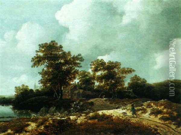 Wooded Landscape With A Man And His Dog Walking Beside A River Towards A Cottage Oil Painting - Salomon Rombouts