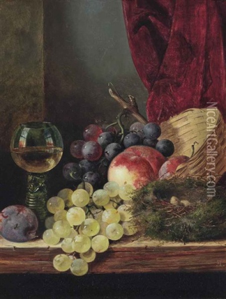 A Wicker Basket, Peaches, A Plum, Red And Green Grapes, A Bird's Nest And A Roemer On A Wooden Ledge Oil Painting - Edward Ladell