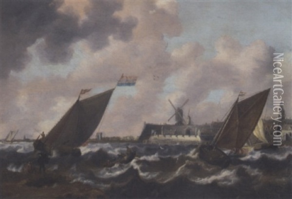 Shipping In Choppy Seas, A Town Beyond Oil Painting - Jan Peeters the Elder