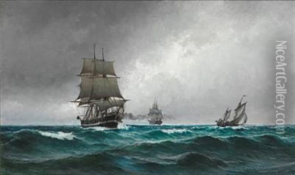 Quiet Evening In The North Sea With The Frigate Jylland Surrounded By Ships Oil Painting - Carl Ludvig Thilson Locher