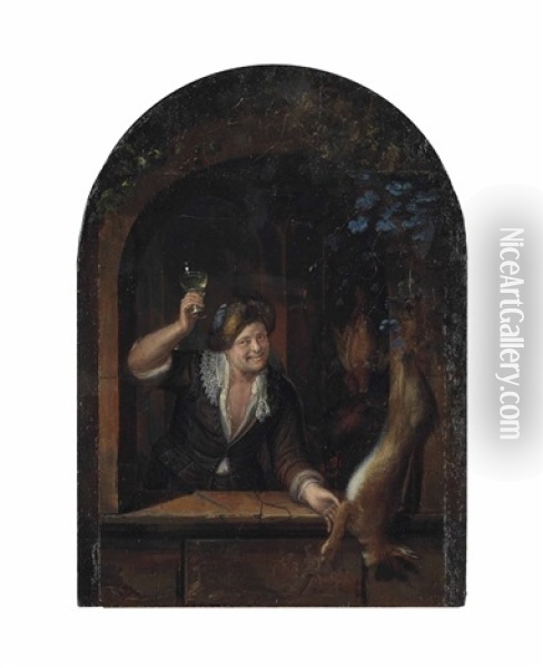 A Man Holding A Roemer Filled With White Wine At A Window, With A Hare And Poultry Oil Painting - Jan Van Mieris