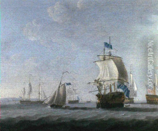 Ships Carrying A Vice-admiral Of The Blue And A Rear-admiral Of The Red, Thought To Be In The Solent With Hurst Castle Oil Painting - Thomas Yates