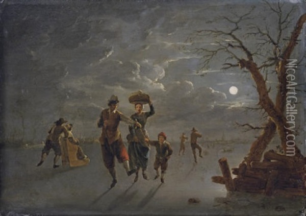 A Moonlit Winter Landscape With Skaters On A Frozen River Oil Painting - Franz de Paula Ferg