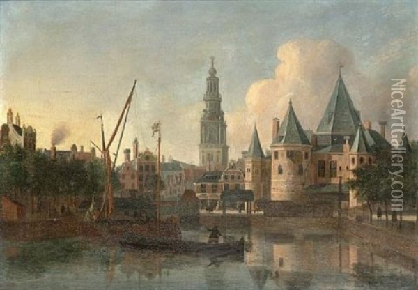 The Nieuwemarkt, Amsterdam, From The Geldersekade With The Tower Of The Zuiderkerk Beyond Oil Painting - Gerrit Adriaensz Berckheyde