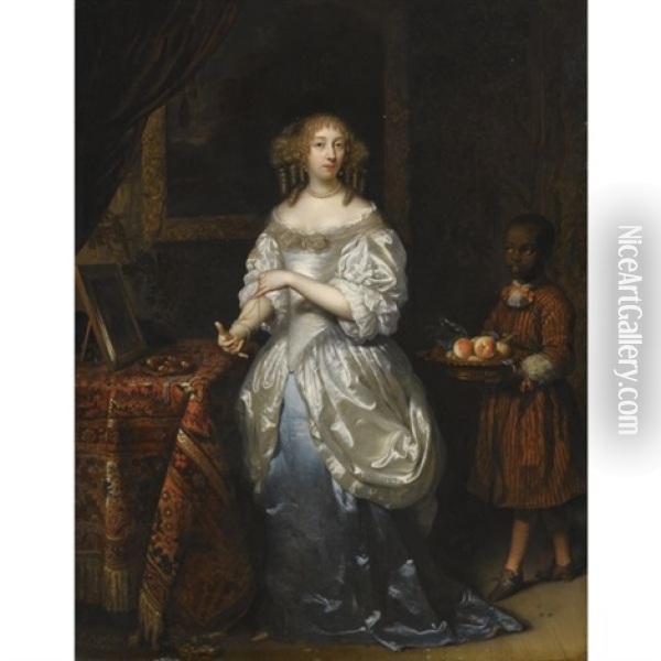 A Portrait Of A Lady, Wearing A Blue-and-white Satin Dress, At Her Toilet, Attended By A Negro Page Bearing A Dish Of Fruit Oil Painting - Caspar Netscher