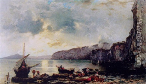 Die Felsenkuste Von Sorrent Mit Blick Auf Den Vesuv Oil Painting - Franz Theodor Aerni