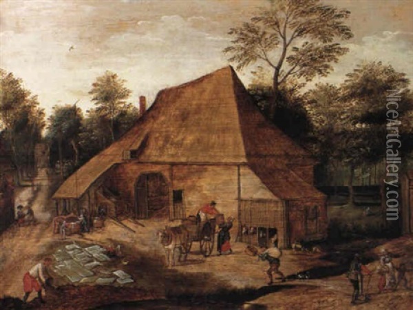Peasants Bleaching Sheets On A Farm Oil Painting - Pieter Brueghel the Younger
