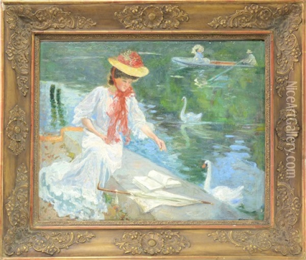 Lady With A Parasol Feeding The Ducks Oil Painting - Max Silbert