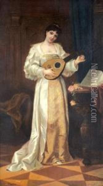 Woman Tuning A Mandolin Oil Painting - John, Giovanni Califano