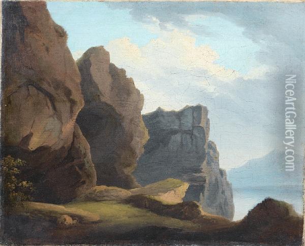 A Rocky Coastal Landscape Oil Painting - Julius Caesar Ibbetson