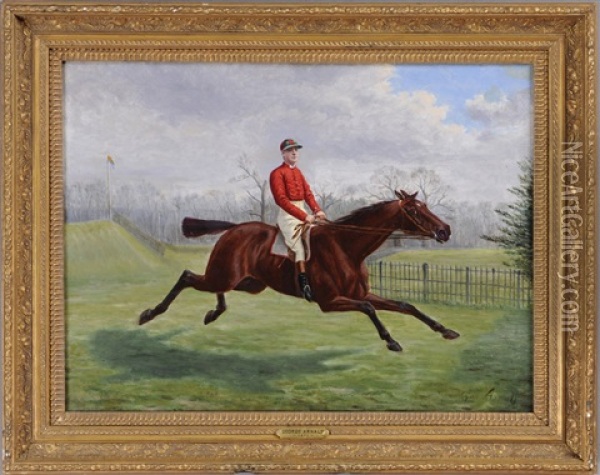 Sam Basden In Red Silks Atop A Race Horse Oil Painting - George Arnull