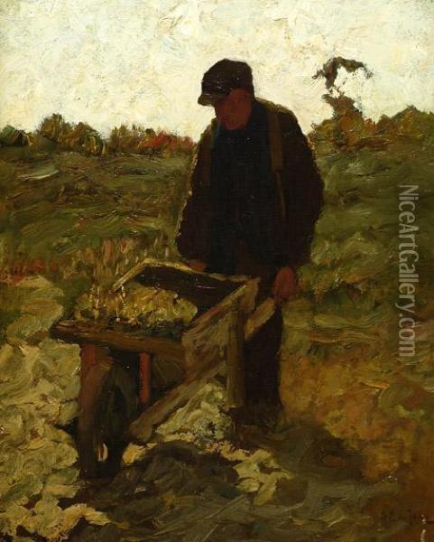 Farmer With A Wheelbarrow Onthe Land Oil Painting - Antonie Gerardus De Jong