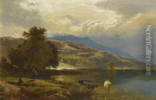 The Glastyn Near Beddgelert, North Wales; Mountainous Lake Scene With Figures And Cattle Oil Painting - Sidney Richard Percy