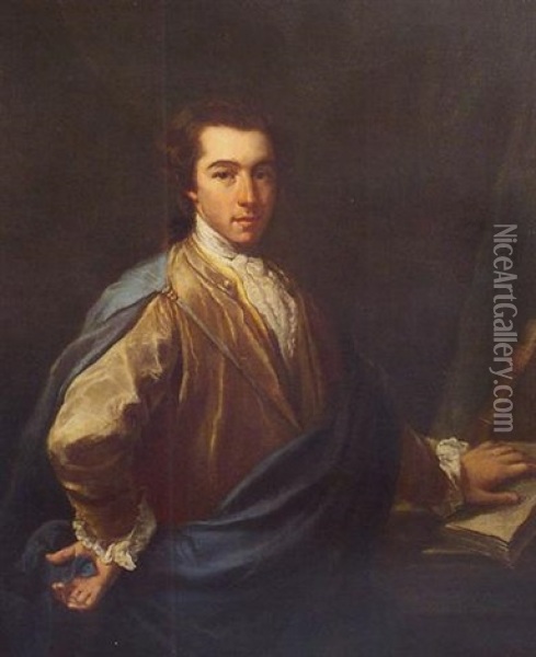 Portrait Of Young Man Wearing An Olive Coloured Jacket And Blue Cape Oil Painting - Thomas Hudson