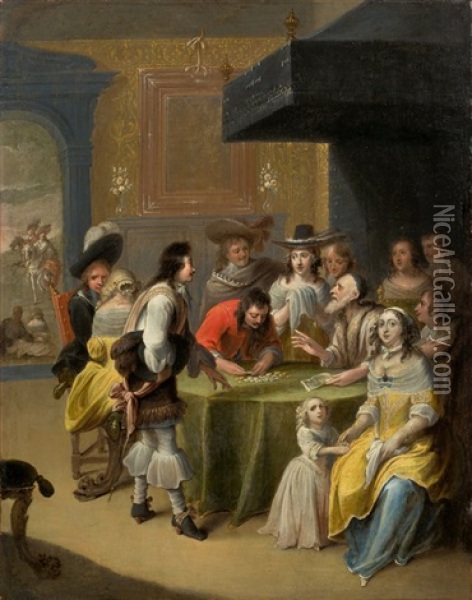 Moneychanger With An Elegant Group Oil Painting - Hieronymous (Den Danser) Janssens