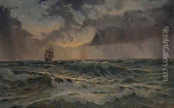 A two-masted barque in choppy waters Oil Painting - Wladyslaw Stachowski