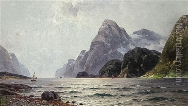 Norwegische Fjordlandschaft Mit Dampfer Und Segelbooten Oil Painting - Walter Moras