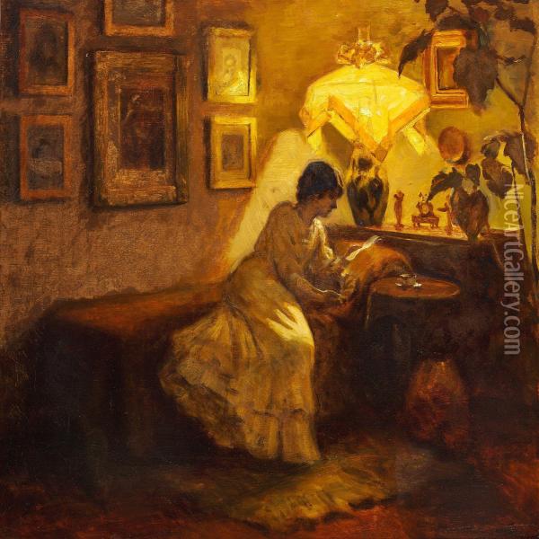 Young Girl Reading By Lamp Light Oil Painting - Christian Clausen