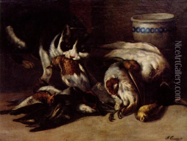 Stilleben Med Katt Och Doda Faglar Oil Painting - Joseph Correggio