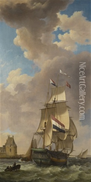 A Merchantman Off Veere Oil Painting - Johannes Hermanus Koekkoek