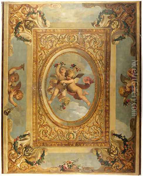 A trompe l'oeil ceiling painting with putti disporting Oil Painting - Daniel the Elder Marot