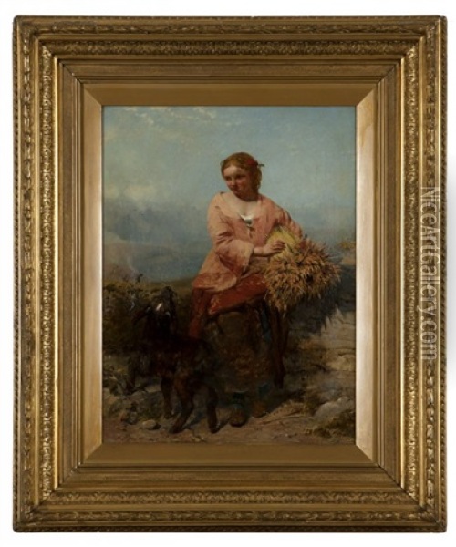 Young Girl Holding Wheat With A Goat Oil Painting - James John Hill