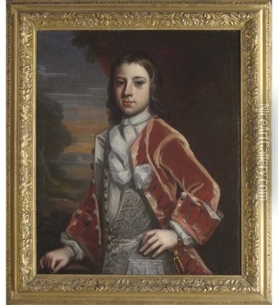 Portrait Of A Young Man In A Red Coat And Silver Waistcoat, Holding A Ring In His Right Hand, A Landscape Beyond Oil Painting - Charles Jervas