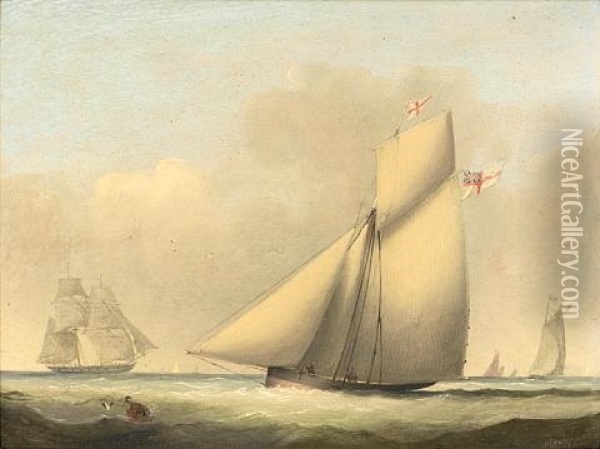 A Racing Cutter Of The Royal Yacht Squadron Approaching The Turning Mark, With A Naval Brig Off Her Starboard Bow Oil Painting - Nicholas Matthew Condy