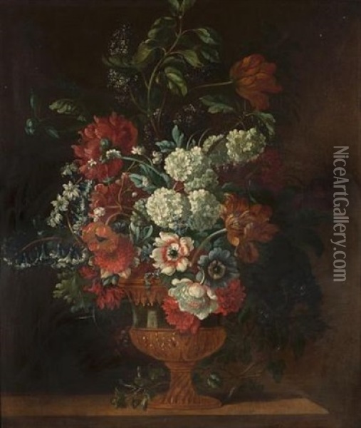 Tulips, Poppies, Delphiniums, Lilac And Other Flowers In A Gilt Mounted Ormolu Vase On A Wooden Ledge Oil Painting - Pieter Casteels III
