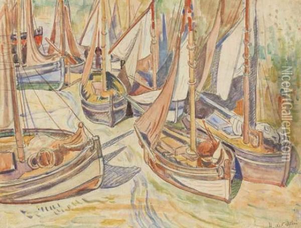Barques De Peches Sechant Leurs Voiles Pres De Honfleur Oil Painting - Henri Lienard De Saint-Delis