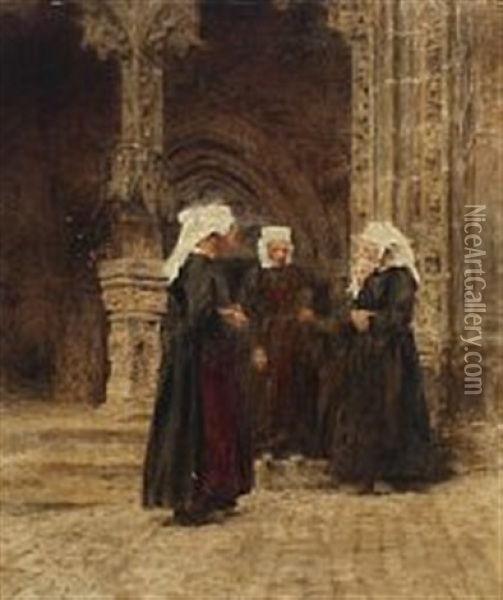 Nuns In Front Of A Church Oil Painting - Alexis Vollon