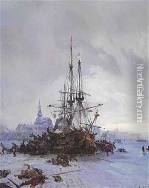 Tidlig Morgen Efter Stormen Pa Kobenhavn, Den 11. Februar 1659. Fregatten Hoienhald Tilbageerobres For Tredie Og Sidste Gang I Lobet Af Samme Nat Oil Painting - Christian Ferdinand Andreas Molsted