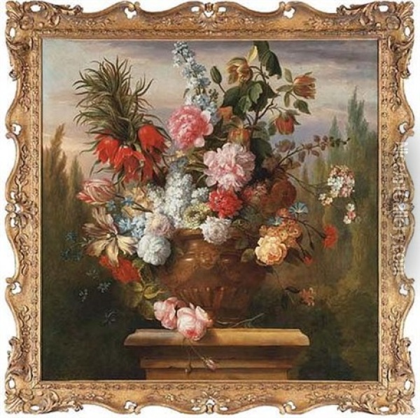 A Crown Imperial Lily, Tulips, Peonies, Roses, Morning Glory And Other Flowers In A Sculpted Urn On A Plinth In A Garden Oil Painting - Jakob Bogdani