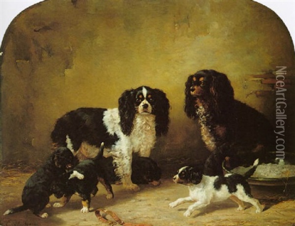 King Charles Spaniels Playing Oil Painting - Henri d'Ainecy Montpezat