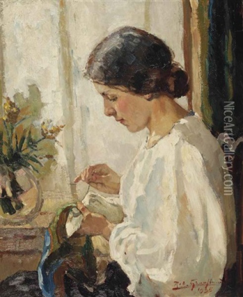 A Seamstress Doing Needlework By A Window Oil Painting - Robert Archibalt Graafland