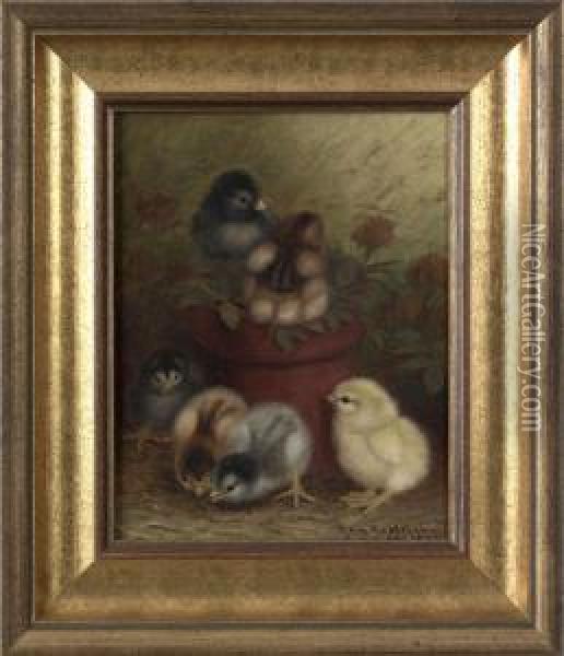 Chicks And A Flowerpot Oil Painting - Ben Austrian