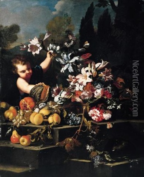 A Young Boy Arranging Flowers In An Urn With Peaches, Pears, Grapes, A Pomegranate And A Melon On Stone Steps In A Garden Oil Painting - Abraham Brueghel