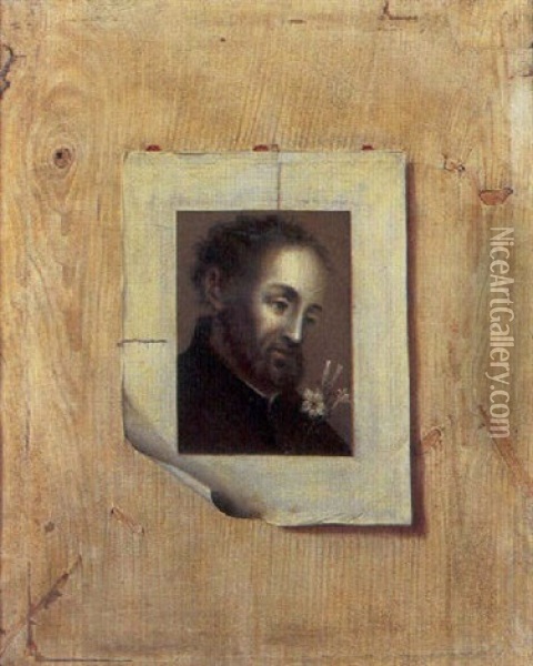 A Trompe L'oeil Of A Drawing Of A Head Of A Man With Flowers Sealed With Wax To A Pine Panel Oil Painting - Johann Georg ( or Guttwein) Gutwein
