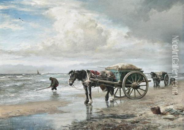 Shell Gathering On Schveningen Beach Oil Painting - Dirk Meesters
