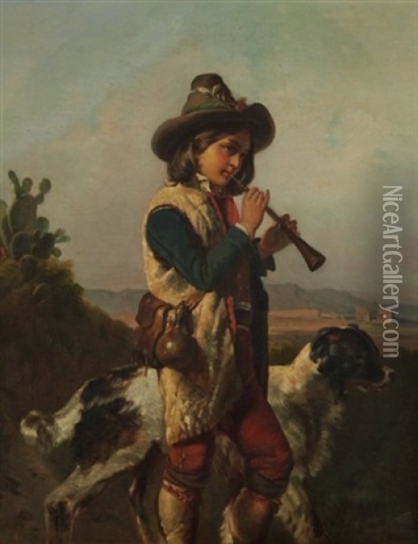 Floten Spielender Schafer Mit Seinem Hund In Einer Landschaft Oil Painting - Alfred van (Jacques) Muyden