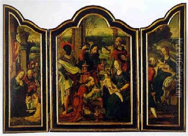The Adoration Of The Magi With The Nativity And The Flight To Egypt Oil Painting - Pieter Coecke van Aelst the Elder