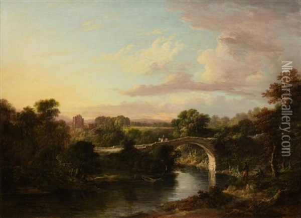 Traveller On A Donkey Crossing An Old Arched Stone Bridge With Woodland And A Fortified House Oil Painting - Alexander Nasmyth